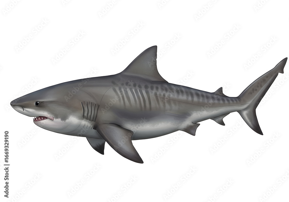 Obraz premium Illustration of a majestic underwater predator, with its streamlined body and powerful tail, showcasing its unique striped pattern and imposing presence.