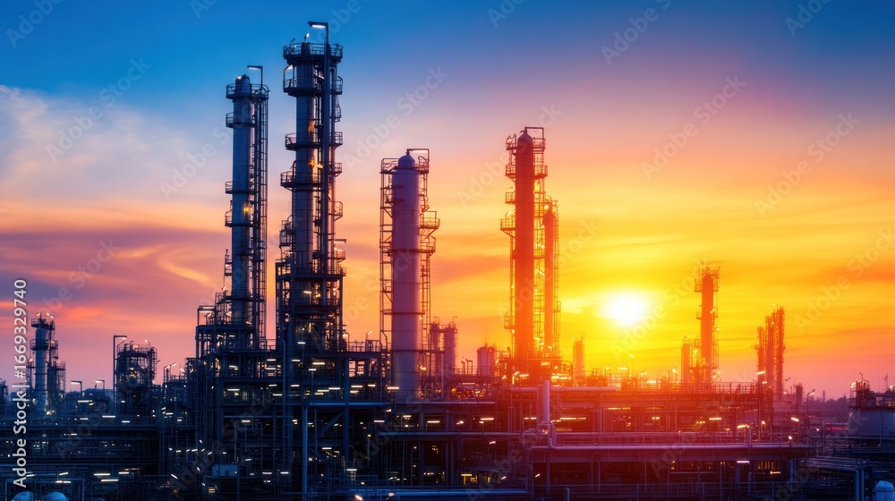 Obraz premium Industrial plant sunset silhouette