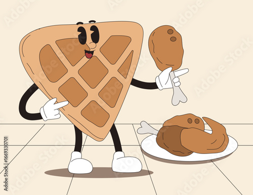 A charming vintage-style illustration of a smiling waffle character enthusiastically presenting fried chicken drumstick and full chicken for delectable meal experience.