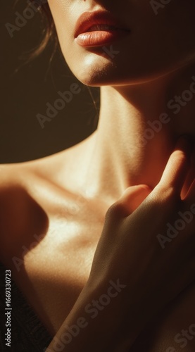 Sensual portrait fragment. Woman's delicate hand rests on her neck, lit by warm light accentuating smooth skin and full lips