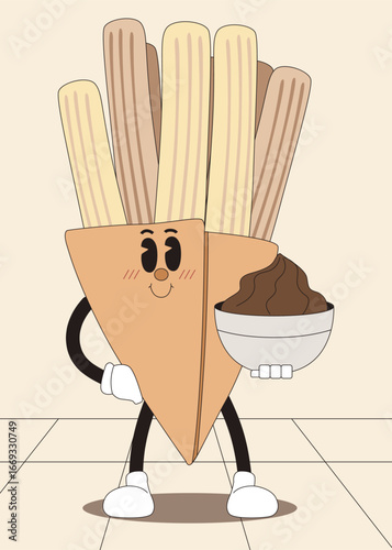 A cheerful cartoon-style churro character joyfully presenting a bowl of chocolate dip. This inviting illustration evokes the delight of a sweet treat and conveys pure, unadulterated happiness.