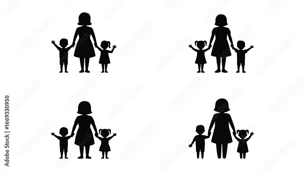 Fototapeta premium Mother with children icon set in black silhouette design 