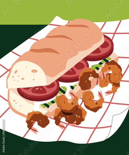 An appetizing illustration of a po'boy sandwich, a classic sandwich with fried shrimp and fresh ingredients, is presented on a checkered paper.