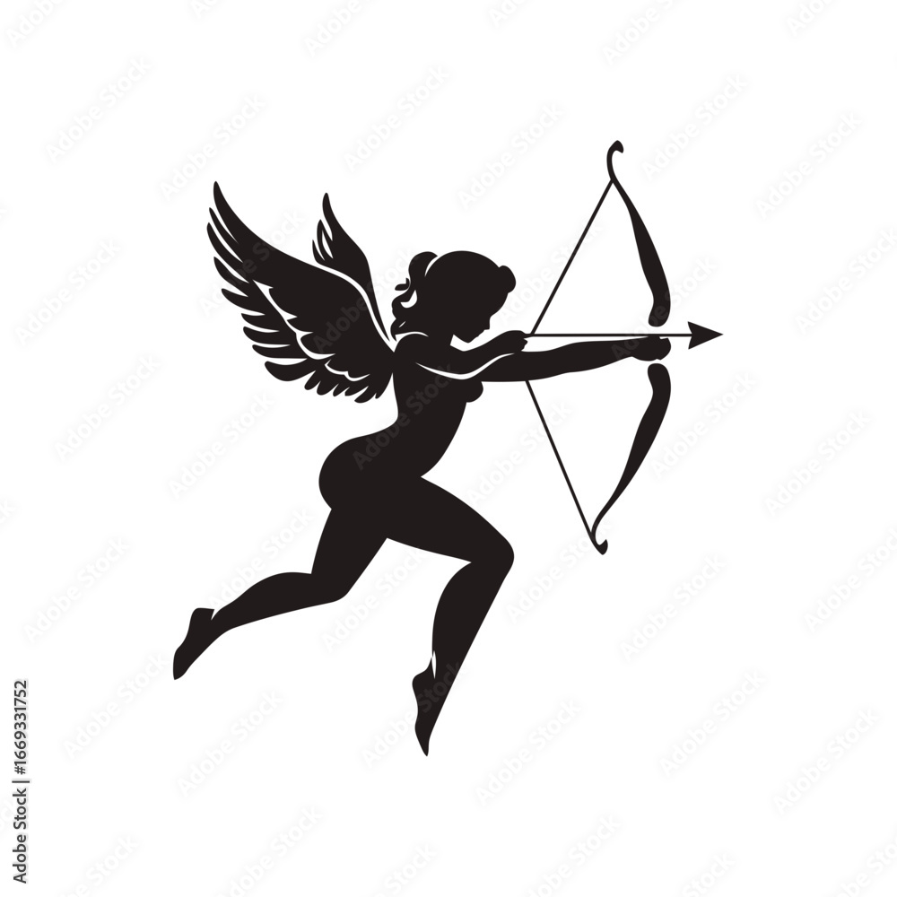 Fototapeta premium A minimalist silhouette icon of Cupid aiming a bow and arrow. This image is suitable for websites or blogs about love, relationships, or Valentine's Day.