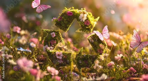 Magical enchanted forest scene with a moss covered stone structure adorned with flowers and butterflies