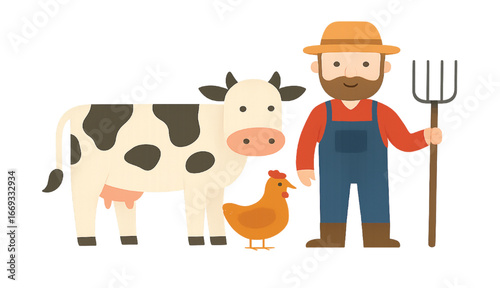Vector scene of a farmer character holding a pitchfork with a cow with white background.