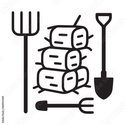 Vector hay bale stack with pitchfork and farm tools with white background.