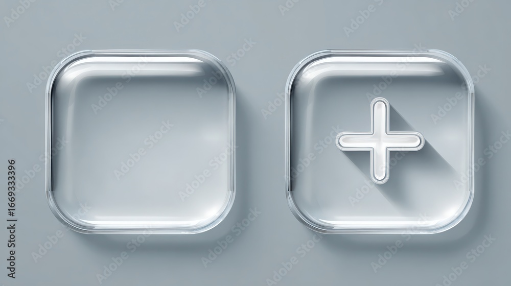 Obraz premium Clear Glass Buttons on Gray Background for User Interface Design