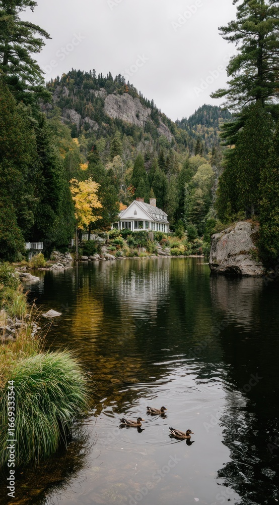 Fototapeta premium Serene pond scene w/house, 3 ducks. Autumn leaves +mountains