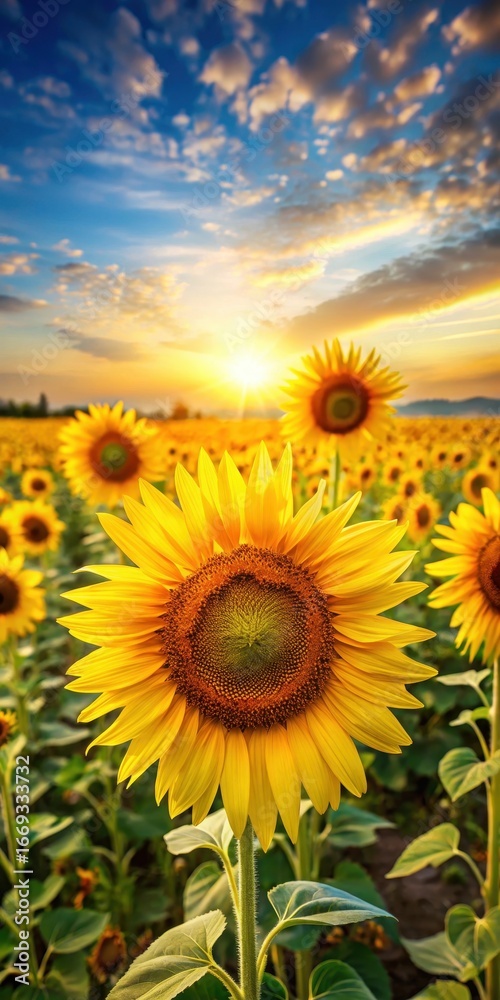 Obraz premium A golden sunflower field in summer with tall and vibrant flowers swaying gently in the breeze