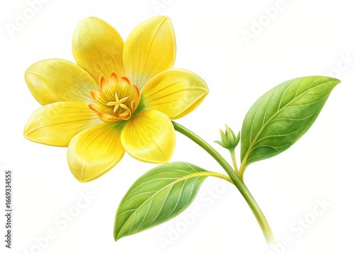 A delicate yellow flower with bright green leaves and intricate stem details