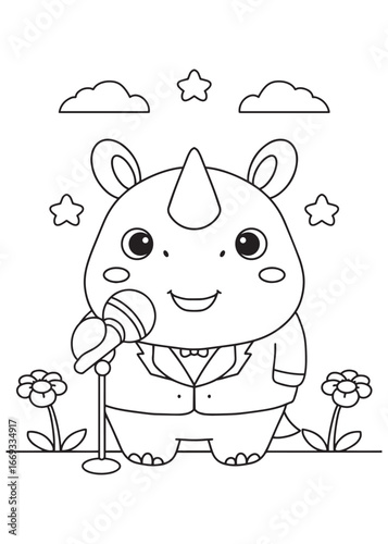 Coloring book page of rhino singer holding microphone.