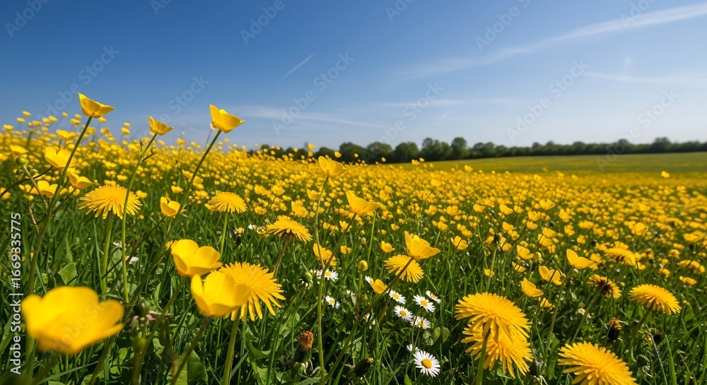 Fototapeta premium Golden Buttercup Flowers in a Green Meadow on a Sunny Day.