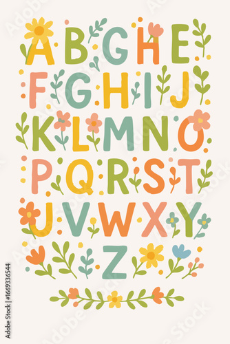 Floral Alphabet Design Cute Handdrawn Letters.