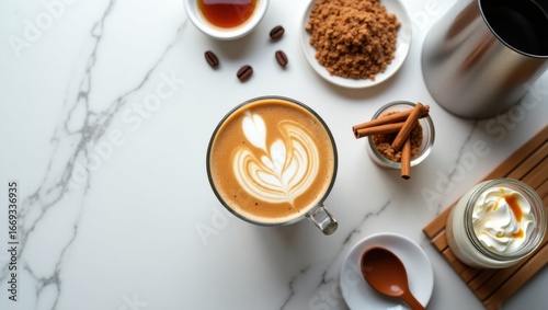 Overhead view of a latte with heart-shaped latte art on a marble surface, surrounded by brown sugar, cinnamon sticks, whipped cream, and coffee beans. Cozy and stylish coffee setup.