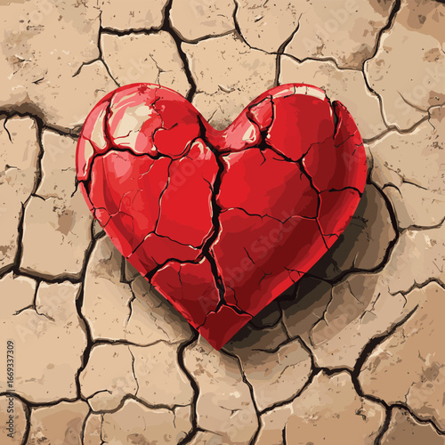 Red heart on cracked earth symbolizing love and hope in hardship