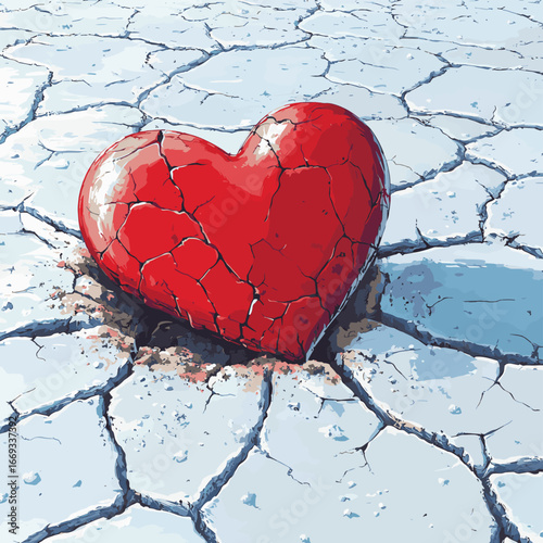 Red heart on cracked earth symbolizing love and hope in hardship