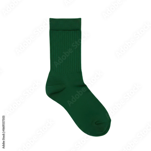 Forest green ribbed crew sock textured knit, comfortable footwear apparel isolated on white background