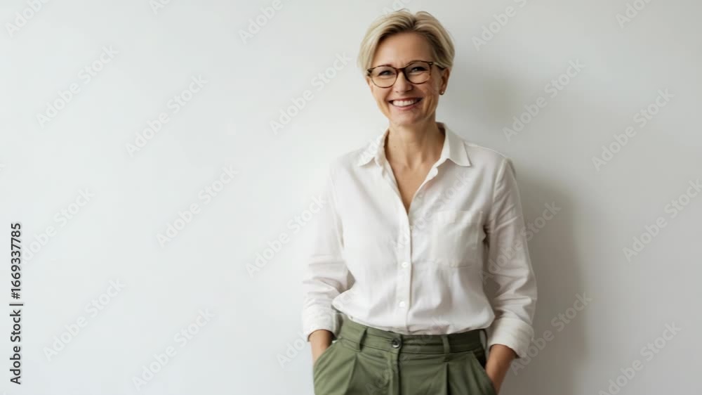 A confident and smiling middleaged woman with short blonde hair and glasses, wearing a white blouse and green pants, standing with her hands in her pockets against a plain white background