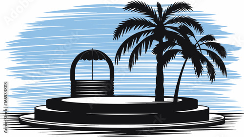 Silhouette of a tropical island with palm trees and a gazebo against a blue and white striped background