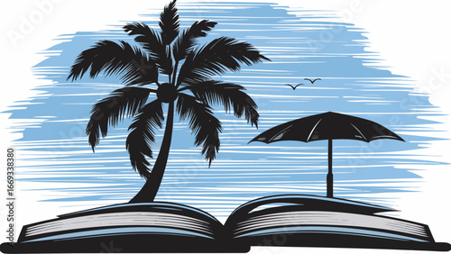 Palm tree and umbrella on an open book with birds flying in a blue sky background illustration design silhouette