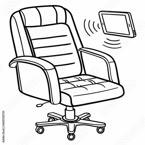 Vector art of modern office chair with a tablet device wirelessly connected, symbolizing remote work and technological integration