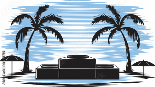 Illustration of a podium between two palm trees and umbrellas on a beach with a light blue sky silhouette