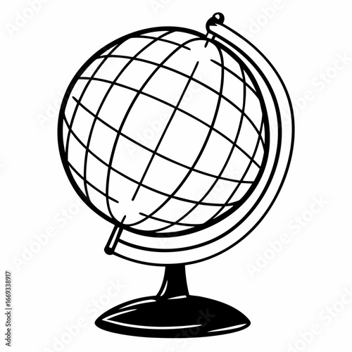 Vector art of a black and white illustration of a globe on a stand, representing the world and geography, isolated on a
