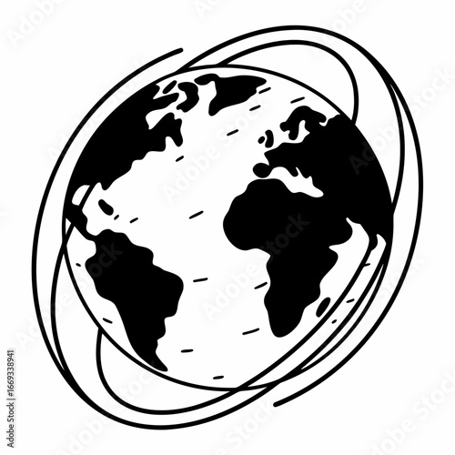 Vector art of stylized illustration of planet earth with orbital lines, representing global connectivity, space exploration, and scientific research