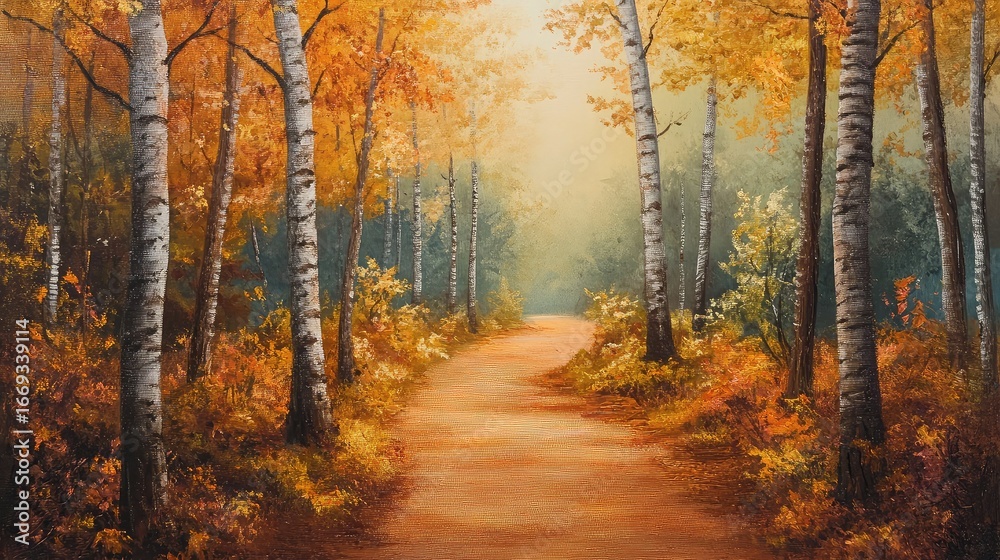 Obraz premium A painting of a path through a forest with birch trees and autumn foliage in warm golden light tones