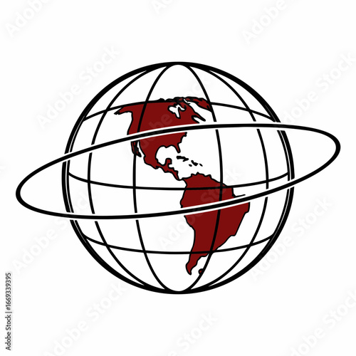 Vector art of stylized globe with continents of north and south america highlighted in red, set against a black wireframe grid