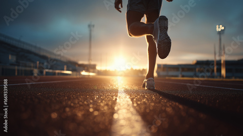 A runner strides forward on a track at sunrise, with the warm golden light casting dramatic shadows and highlighting the determination and energy of the moment.