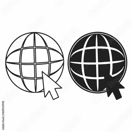 Vector art of two globes with cursors pointing to them, one black and white, the other filled in black, representing internet access and online navigation