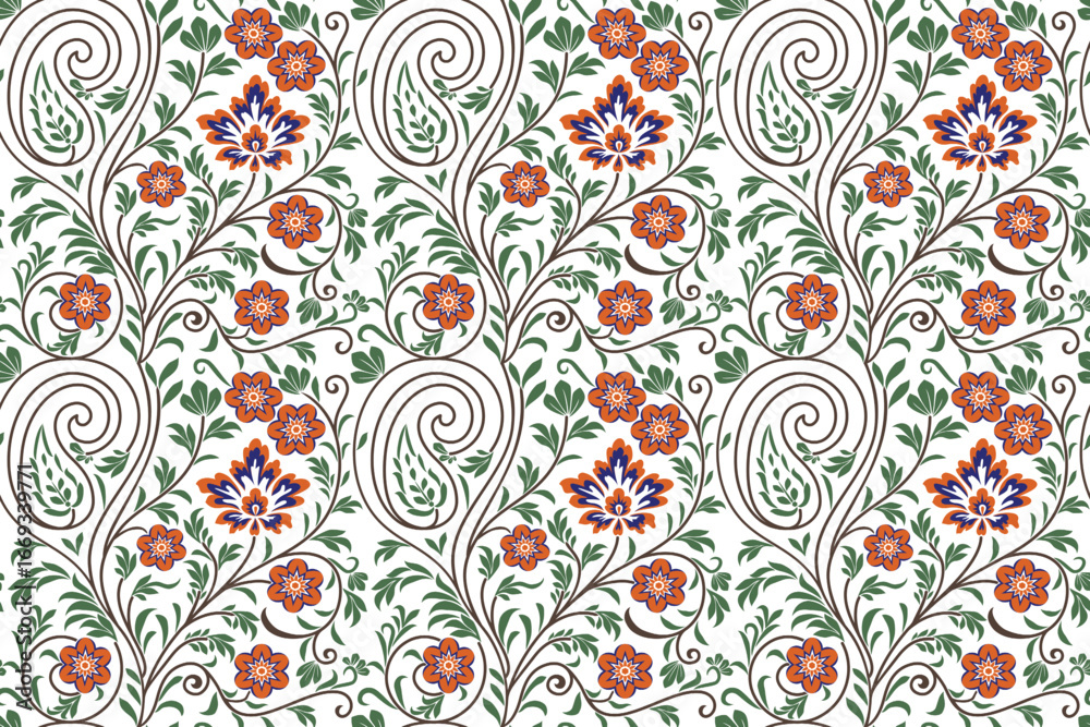 Fototapeta premium seamless floral pattern in damask style motifs suitable for wallpaper, textile, tile, cloth and fabric design isolated illustration vector archive EPS file.