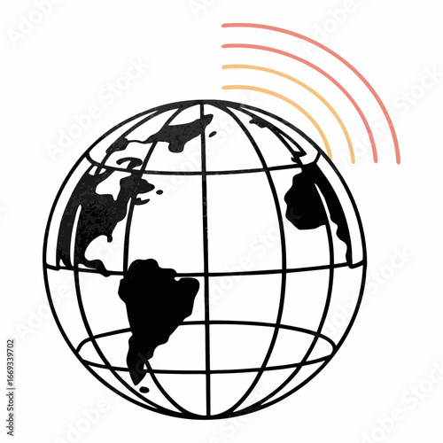 Vector art of stylized illustration of a black and white globe with radio waves emanating from the top, symbolizing global communication and connectivity