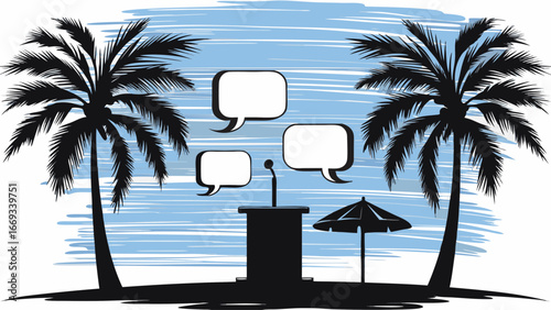 Beach scene with palm trees, podium, speech bubbles, and umbrella creating a tropical conference vibe silhouette