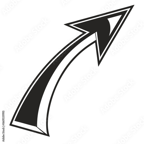 Vector art of a black and white arrow pointing upwards and forwards, isolated on a, symbolizing progress, success, and growth