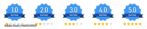 Collection of blue rating badges with stars from 1.0 to 5.0. Flat design review icons for feedback, ranking, performance, evaluation, customer satisfaction, quality check, and digital use.