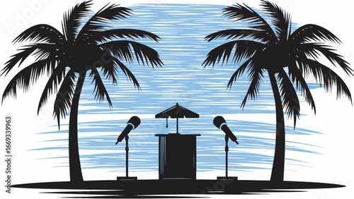 Silhouette of a podium with microphones and beach umbrella between two palm trees against a blue wavy background