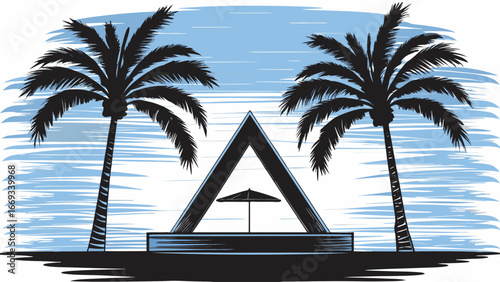 Silhouette palm trees framing a beach shelter with an umbrella against a blue and white sky line art