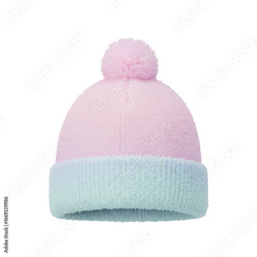 Pastel pink and mint green knit beanie with fluffy pompom isolated on white background
