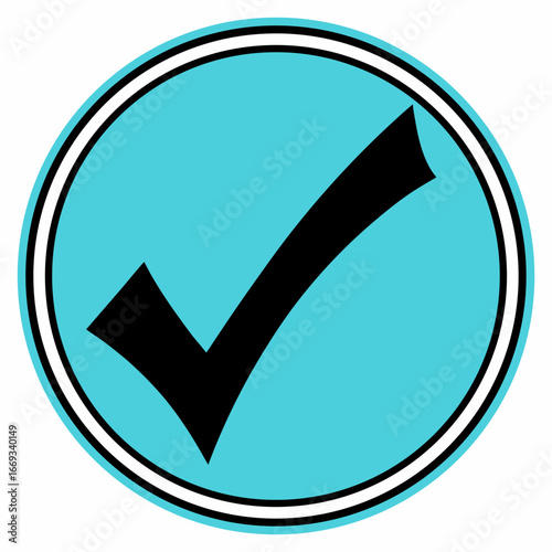 Vector art of a black check mark symbol inside a turquoise circle with a white border, representing a positive confirmation or correct choice