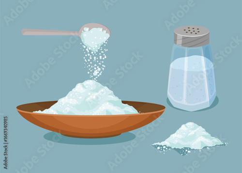Salt shaker, spoon and bowl of salt. Do pour salt from spoon and shaker. Baking and cooking ingredient. Cartoon vector salt. Food seasoning. Kitchen utensils, stock illustration