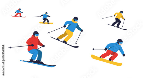 Winter sports fun with skiers and snowboarders on snow slopes