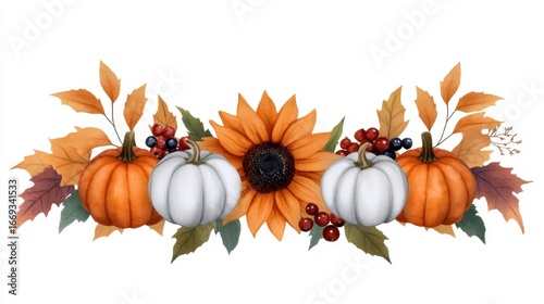 Fototapeta Naklejka Na Ścianę i Meble -  Harvest watercolor bouquet with pumpkins, sunflowers, berries and fall leaves