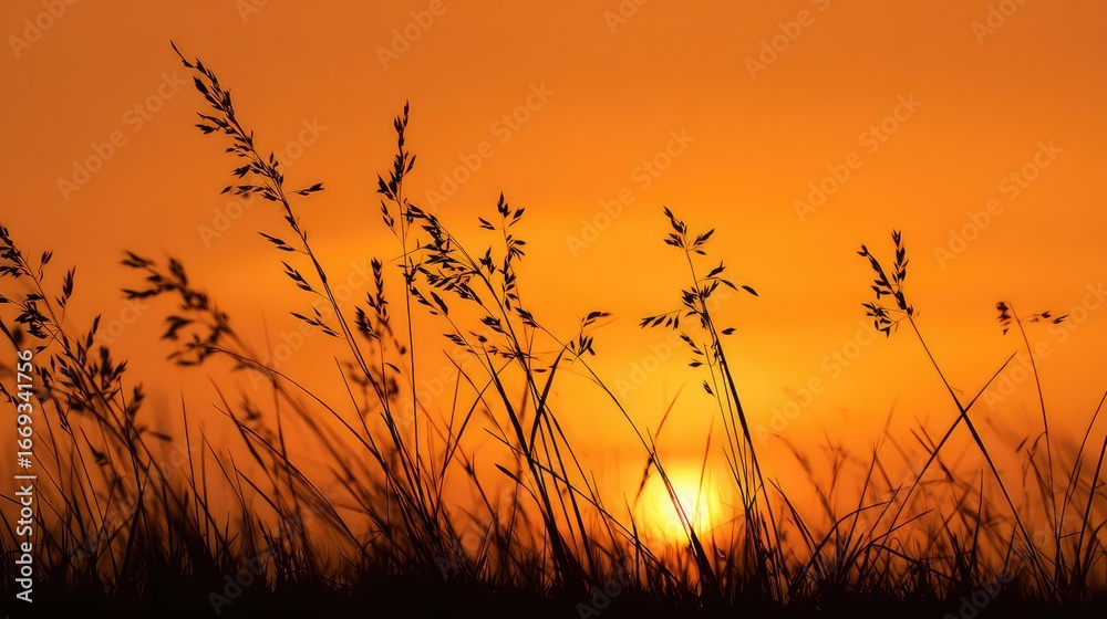 Obraz premium At sunset, the black grass silhouette in the gradient orange and yellow sky creates a tranquil and warm atmosphere, conveying a peaceful and resilient emotion.