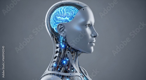 Futuristic android with glowing blue brain and intricate circuitry revealed