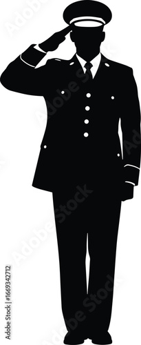 Military officer silhouette saluting in formal uniform with peaked cap and coat, symbolizing respect, discipline, honor, and armed service