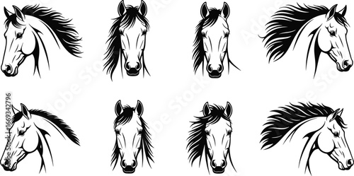Stylized horse head vector set featuring diverse mane styles and expressions in black-and-white silhouette for artistic and design use