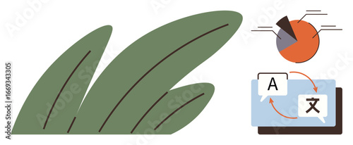 Green leaves, translation tool on screen with speech bubbles, pie chart. Ideal for communication, technology, analytics, multilingual interaction, environment, education simple flat metaphor